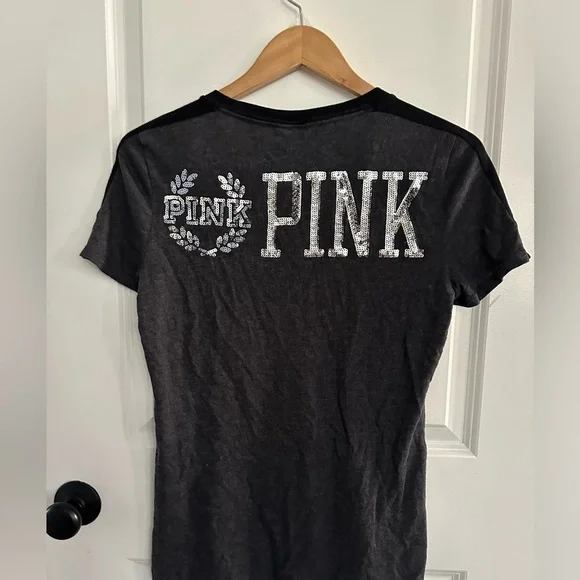 PINK Victoria Secrets Grey/Blacj with Sequence Tshirt Size L - Picture 7 of 9